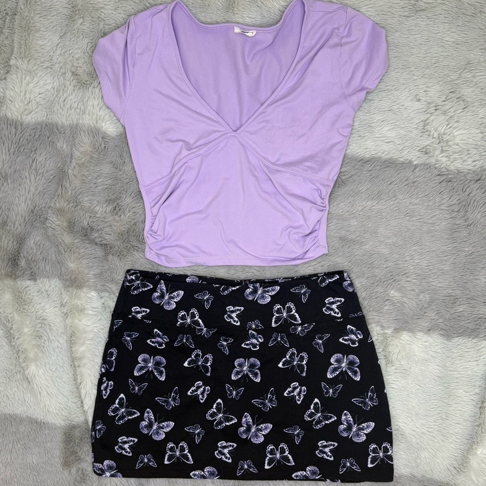 Y2K Ardene Bundle – Lilac Crop Top + Neon Purple Butterfly Mini Skirt – Medium